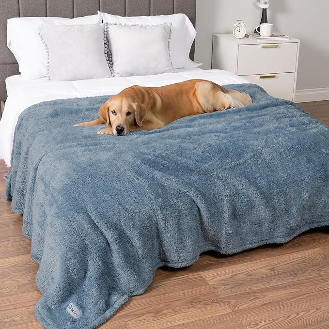 PetAmi Fluffy Waterproof Dog Blanket for Couch and Bed, Reversible Sherpa Pet Throw, Pee Proof Furniture Protector Sofa Cover, Washable Cat Blanket for Medium Large Dogs and Cats (Dusty Blue, 60x80)