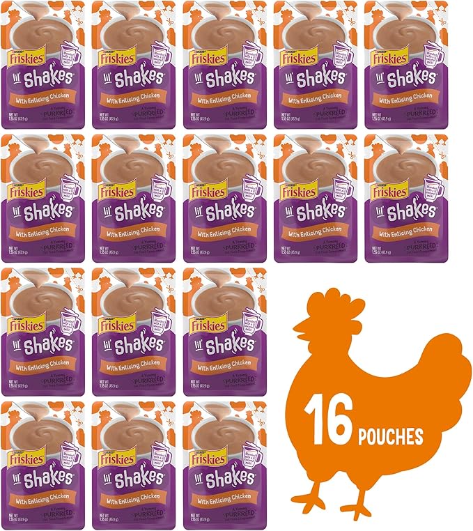 Purina Friskies Pureed Cat Food Topper, Lil’ Shakes With Enticing Chicken Lickable Cat Treats - (Pack of 16) 1.55 oz. Pouches
