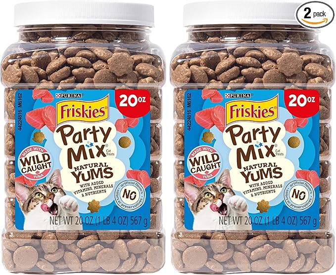 Friskies Purina Natural Cat Treats,Party Mix Natural YUMS with Wild Caught Tuna and Added Vitamins,Minerals and Nutrients - 20 oz. Canister,(Pack of 2)