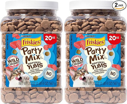 Friskies Purina Natural Cat Treats,Party Mix Natural YUMS with Wild Caught Tuna and Added Vitamins,Minerals and Nutrients - 20 oz. Canister,(Pack of 2)