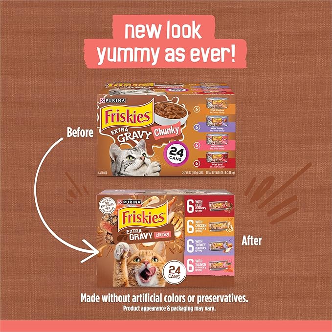 Purina Friskies Extra Gravy Wet Cat Food Chunky 24ct Variety Pack (With Chicken, Turkey, Salmon, Beef) - (Pack of 24) 5.5 oz. Cans