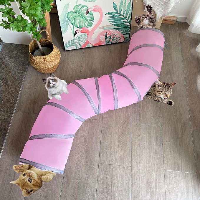 2-Way Collapsible Cat Tunnel Tube Toy Pink — Interactive Play Tunnel with Peek Hole for Indoor Cats, Kittens, Puppies & Rabbits | Hours of Fun & Exercise