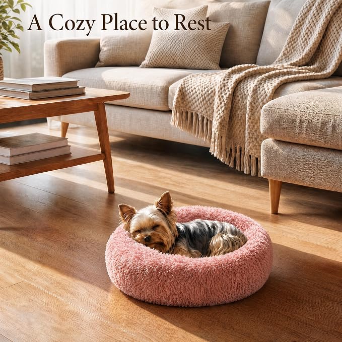 Extra Small Dog Bed 19 Inch,Calming Donut Puppy Bed,Ultra Soft Faux Fur Round Dog Bed for Chihuahua Yorkie Maltese Pomeranian,Pink