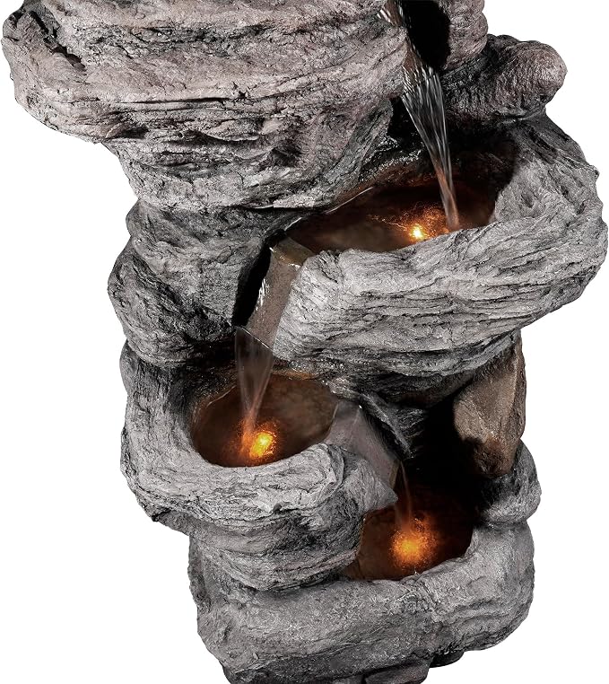 Teamson Home 39.37 in. Outdoor Faux Stacked Stone 4-Tier Water Fountain with LED Lights and Pump, Gray