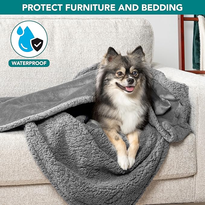 PetAmi Waterproof Dog Blanket for Couch, Pee Proof Fleece Reversible Pet Throw, Furniture Protector for Bed Sofa Kennel, Soft Washable Cover for Small Medium Dog Puppy Cat, 29x40 Light Grey