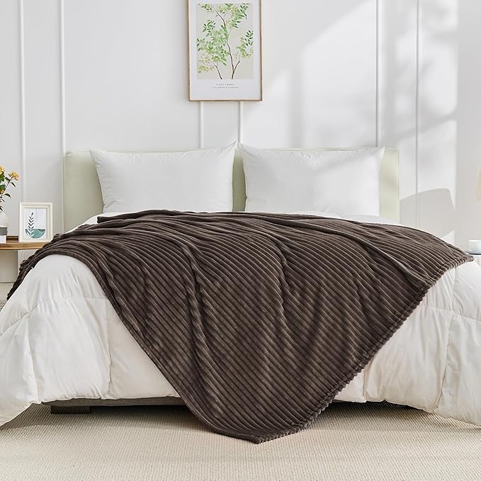 Bnuitland Brown Fleece Throw Blanket for Couch, 300GSM Soft Warm Cozy Fluffy Throw for Adults & Kids, Stripe Pattern 60"x80", All Season Sofa Bed Blanket for Home Decor
