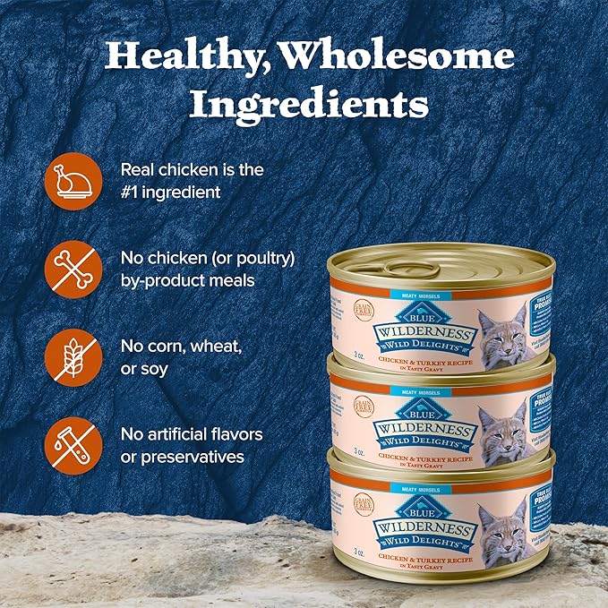 Blue Buffalo Wilderness Wild Delights Meaty Morsels Chicken & Turkey in Tasty Gravy Adult Wet Cat Food, High-Protein & Grain-Free Recipe with Natural Ingredients, 3-oz. Cans (24 Count)
