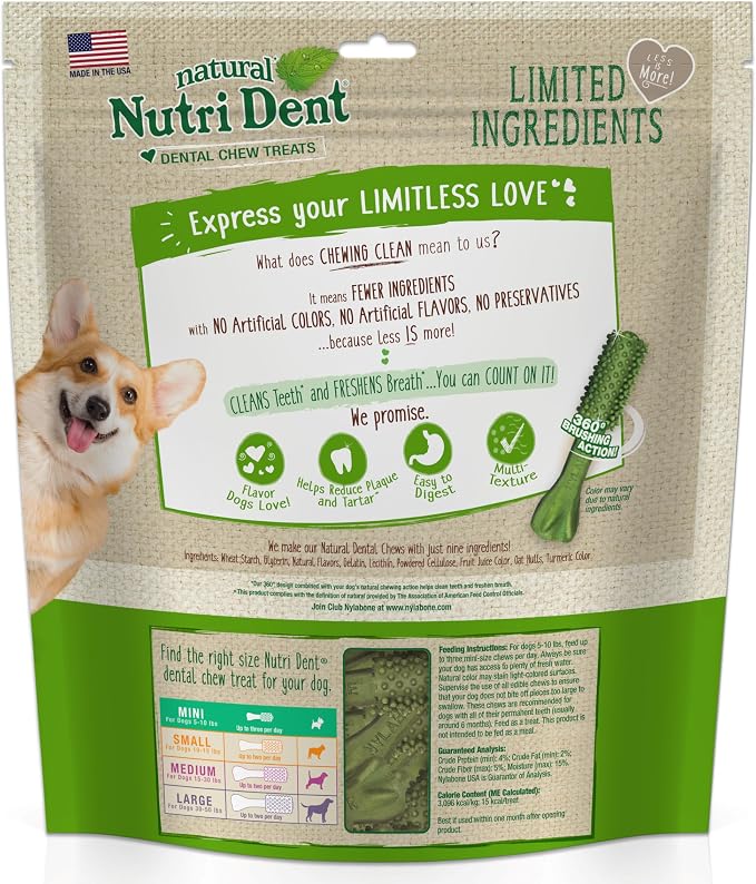 Nylabone Nutri Dent Natural Dental Chews for Dogs, Limited Ingredient Dog Treats Made in the USA, Clean Teeth & Fresh Breath, Healthy Dog Chews, Fresh Breath Flavor, For X-Small Dogs, (160 Count)