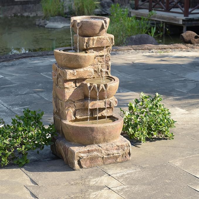 Teamson Home 33.27" Cascading Bowls & Stacked Stones LED Water Fountain for Outdoor Living Spaces, Brown