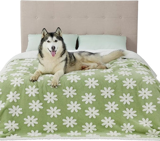 LE SURE Waterproof Dog Blanket for Large Dogs - Washable Double Sided Dog Blankets with Warm Jacquard Shag and Soft Sherpa Fleece, Pet Cat Blanket for King Bed Protection, 3D Textured Flower, Green