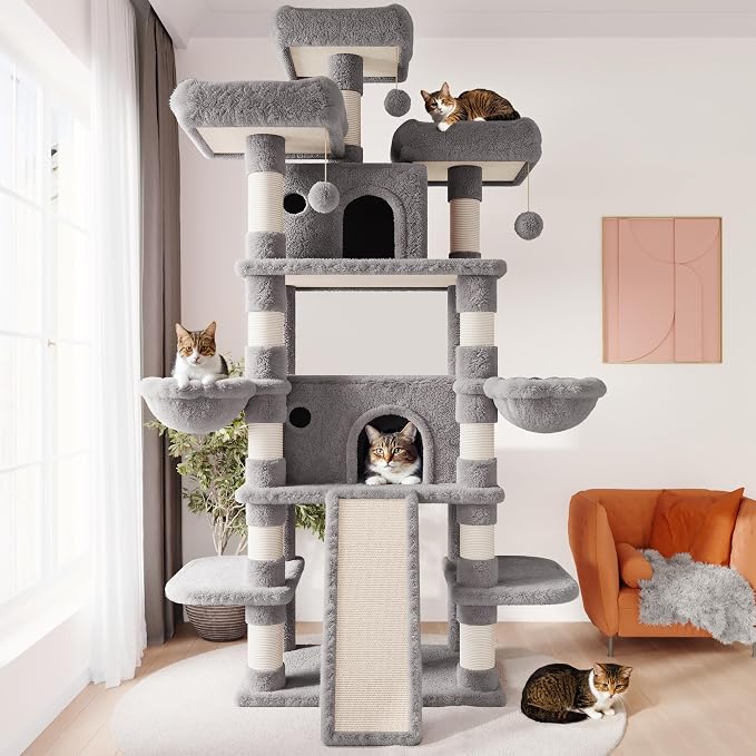 SHA CERLIN 81 Inches Extra Large Cat Tree for Indoor Adult Cats/XXL Big Cat Tower with Condo/Cozy Perches/Sisal Scratching Posts and Hammocks/Activity Center/F80/Heavy Duty/Grey