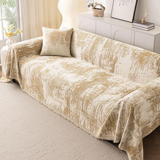 hyha Couch Cover for Dogs, Boho Sofa Covers for 3 Cushion Couch Washable, Chenille Sofa Slipcover for Pets, Soft Loveseat Sectional Couch Throw Blankets with Tassels (Khaki/White, 71x118 Inch)