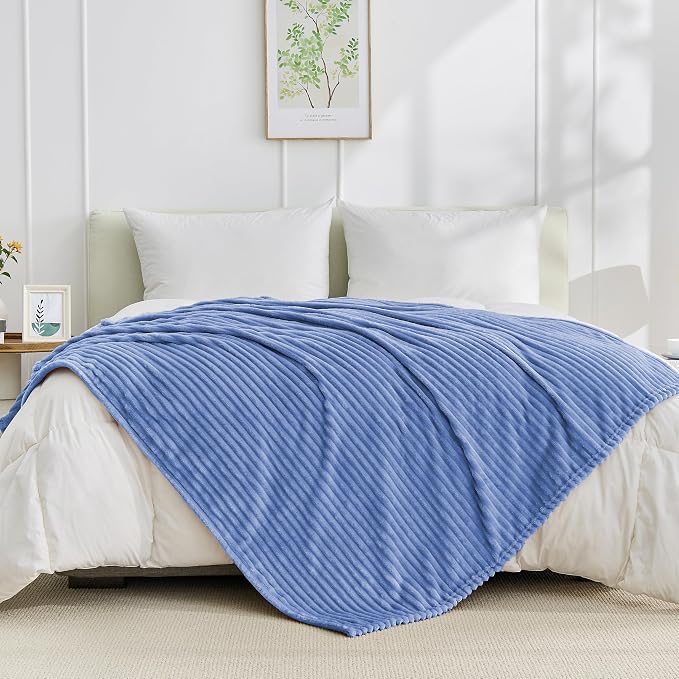 Bnuitland Fleece Throw Blanket for Couch, 300GSM Soft Warm Cozy Fluffy Throw for Adults & Kids, Stripe Pattern, All Season Sofa Bed Blanket for Home Decor, Sky Blue 50"x60"