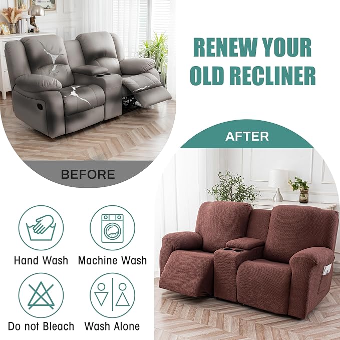 Genina Recliner Loveseat Covers with Console, Stretch Reclining Sofa Covers, 2 Seater Couch Cushion Stripe Jacquard Recliner Slipcovers,Furniture Protector Covers for Pet (Chocolate)