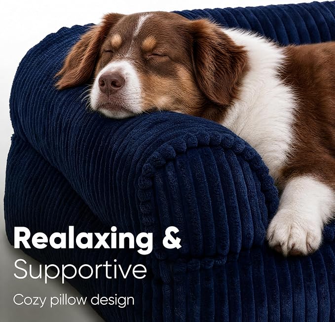 FUKUMARU Cute Dog Bed, Thickened Orthopedic Dogs Couch, 36in Egg Crate Foam Pet Sofa for Medium to Large Dogs, Waterproof Warm Corduroy Pet Bed with Washable Cover, Blue