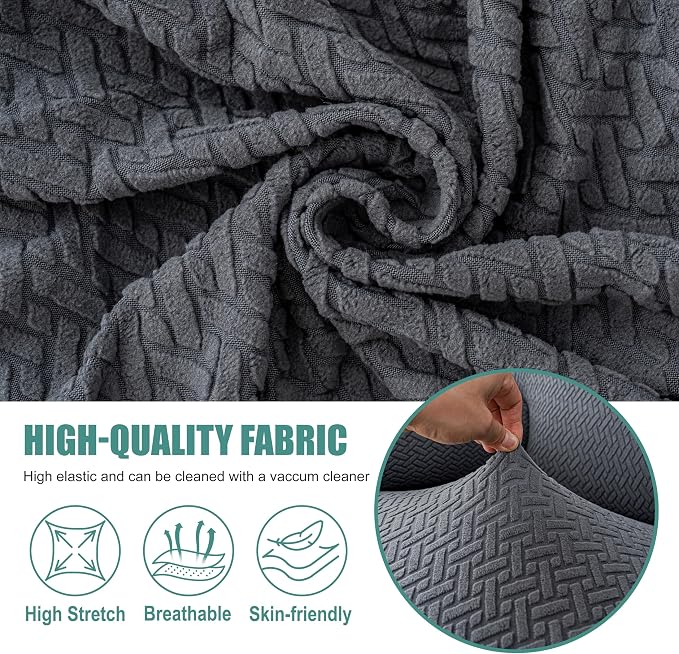 Genina Recliner Loveseat Covers with Console, Stretch Reclining Sofa Covers, 2 Seater Couch Cushion Stripe Jacquard Recliner Slipcovers - Furniture Protector Covers for Pet Kid (Dark Gray)