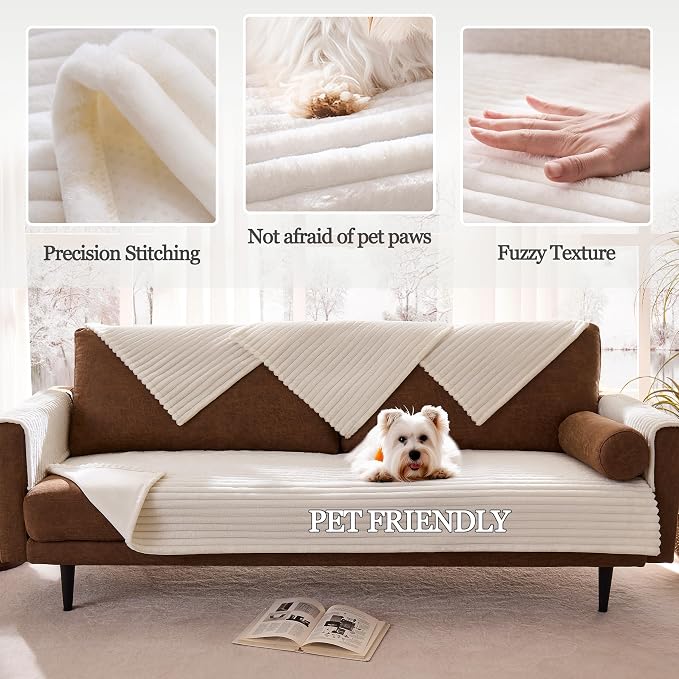 Dual Non-Slip Couch Cover for Dogs Waterproof, Cream Fuzzy Soft Pet Couch Covers for Sofa 3 Cushion, Pet Friendly Soft Dog Bed Covers Sofa Cover Washable (White, 33" x 75" 1 Pack)