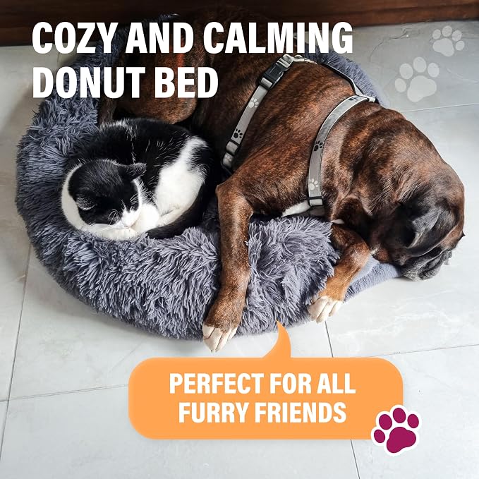 Active Pets Calming Plush Dog Bed Donut Joint Support Anxiety Relief Washable Pet Bed with Removable Cover for Dogs Cats, Large 36", Light Grey
