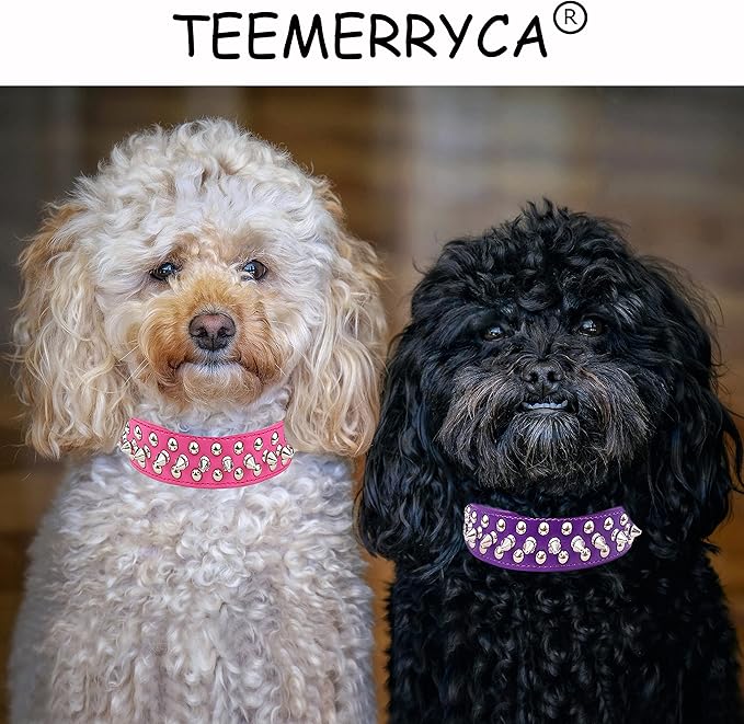 TEEMERRYCA Adjustable PU Leather Spiked Studded Dog Collars with a Squeak Ball Gift for Small Medium Large Pets Like Cats/Pit Bull/Bulldog/Pugs/Husky, Purple, XS 8.3"-10.6"