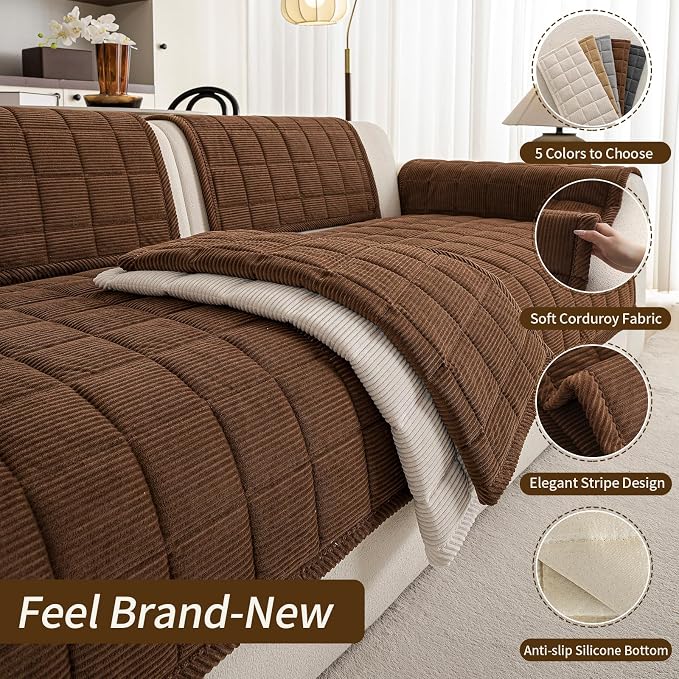 Velvet Couch Covers for Sectional Sofa Washable, Non-Slip L Shaped Sectional Couch Cover, Soft Pet Couch Covers for Sofa, Furniture Slipcovers for 2-3 Cushion Couch(1PC,35"x71",Dark Brown)