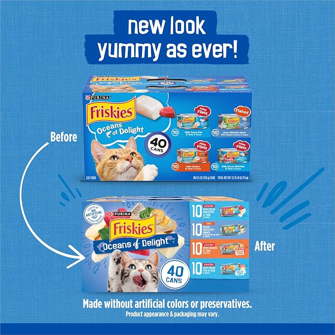 Friskies Purina Wet Cat Food Variety Pack, Oceans of Delight Flaked and Prime Filets - 5.5 oz. Cans (Pack of 80)