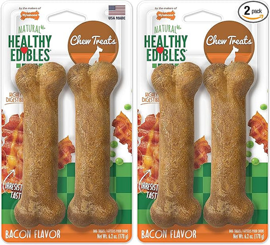 Nylabone Healthy Edibles Natural Dog Chews, Long Lasting Bones for Dogs, Bacon Flavor Dog Treats, Medium (2 Count) (Pack of 2)