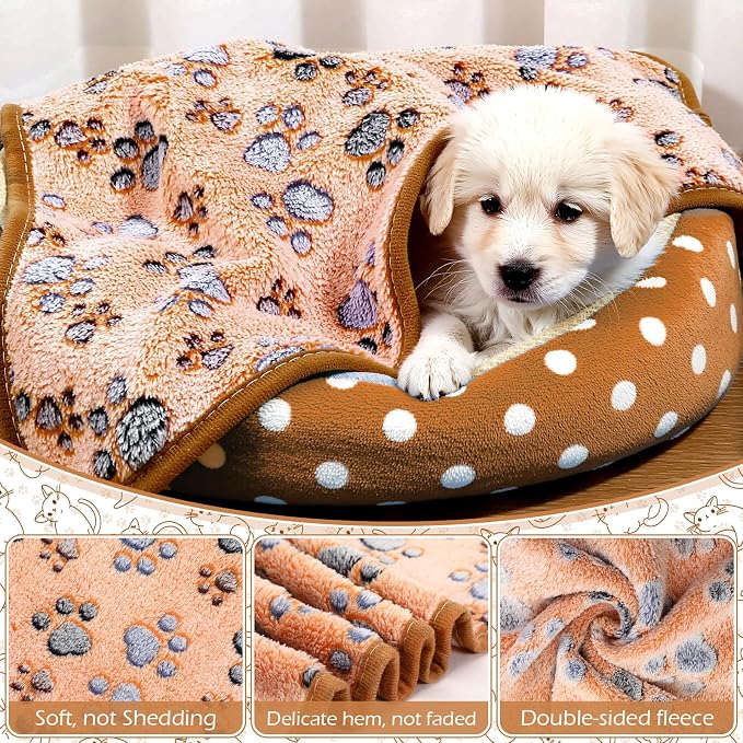 Tegeme 12 Pcs Pet Blankets 30 x 20 Inch Soft Fluffy Fleece Dog Cat Warm Paw Print Pattern Blankets Flannel Throw for Pets Dog Puppy Cat(Pink,Beige,Camel)