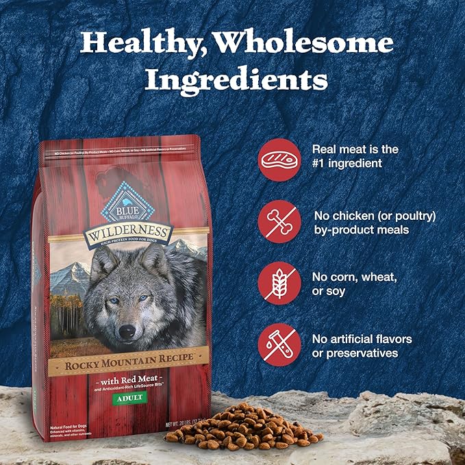 Blue Buffalo Wilderness Rocky Mountain Recipe Adult Dry Dog Food with Red Meat & Wholesome Grains, 34g Protein, Vibrant Energy for an Active Life, Made with Natural Ingredients, 28 lbs.