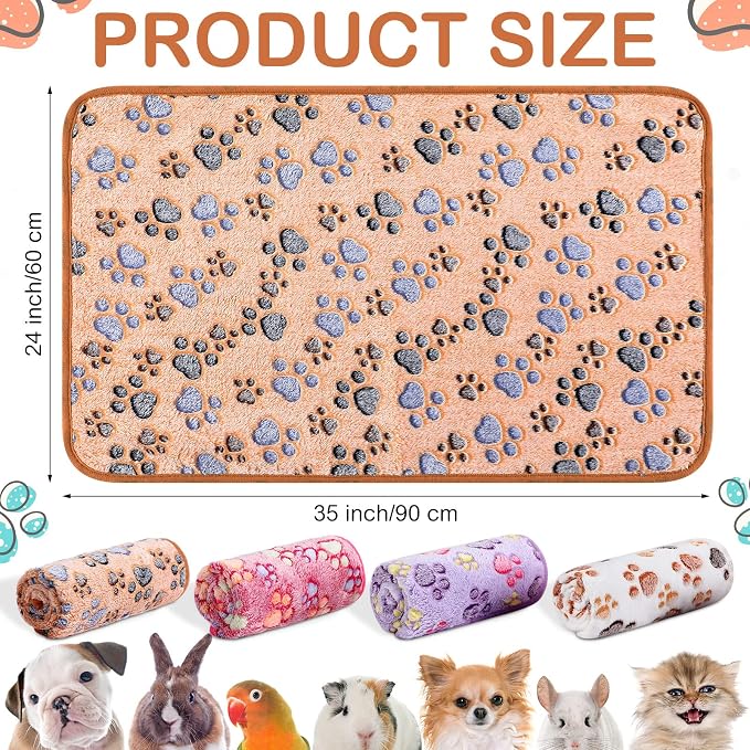 Reginary 4 Pcs Waterproof Guinea Pig Blankets Washable Small Animal Fleece Bedding Absorbent Guinea Pig Cage Liners Reusable Training Pee Pad Pet Sleep Mat for Hamster(Paw Print,35 x 24 Inch)