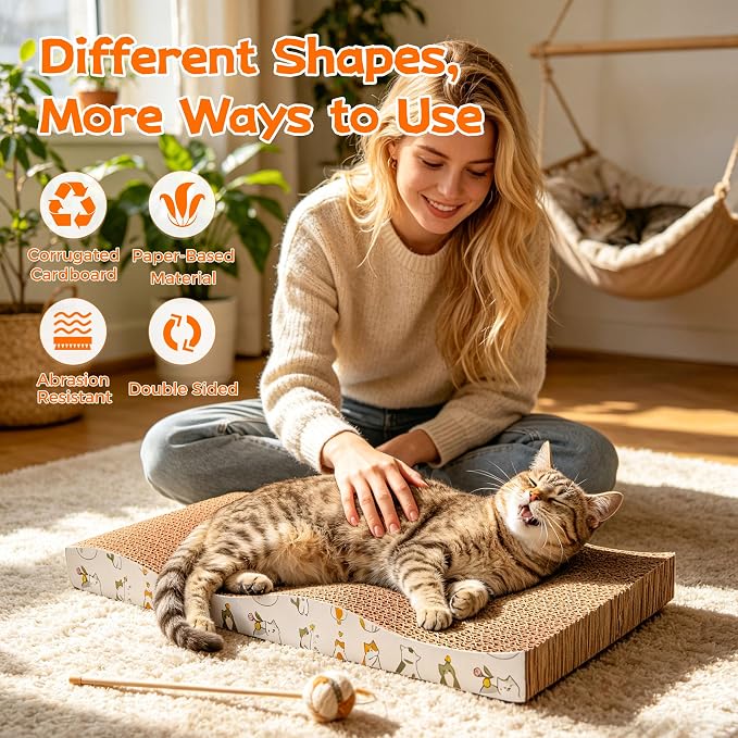PatiencET Cat Scratcher Cardboard Pads for Indoor Cats, 4-Pack Mixed Flat and Wavy, Catnip Included