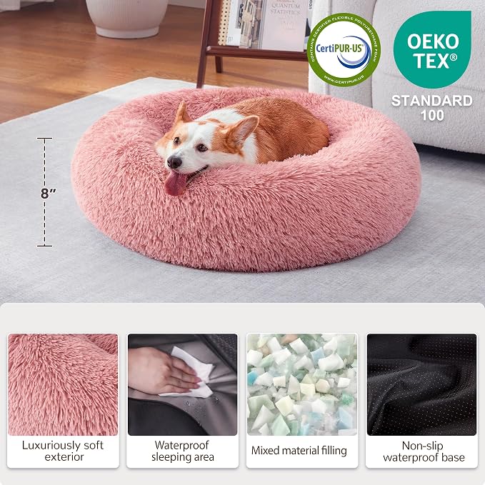 Donut Dog Bed Medium Size Dog, Round Cat Beds for Small Medium Dogs and Cats with Washable Fluffy Faux Fur, Cute Comfort Pet Bed with Anti-Slip Bottom, Pink, 30"