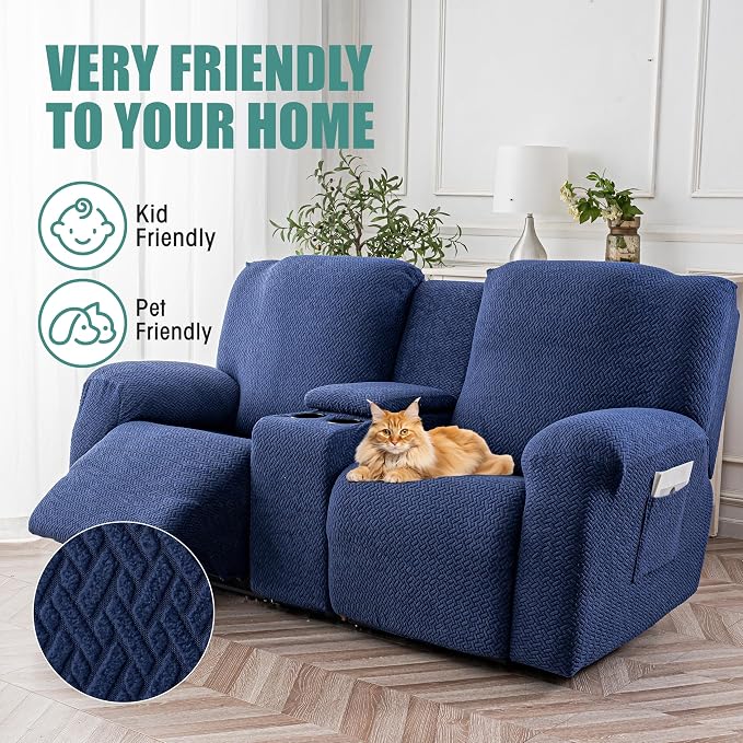 Genina Recliner Loveseat Covers with Console, Stretch Reclining Sofa Covers, 2 Seater Couch Cushion Stripe Jacquard Recliner Slipcovers - Furniture Protector Covers for Pet Kid (Navy Blue)