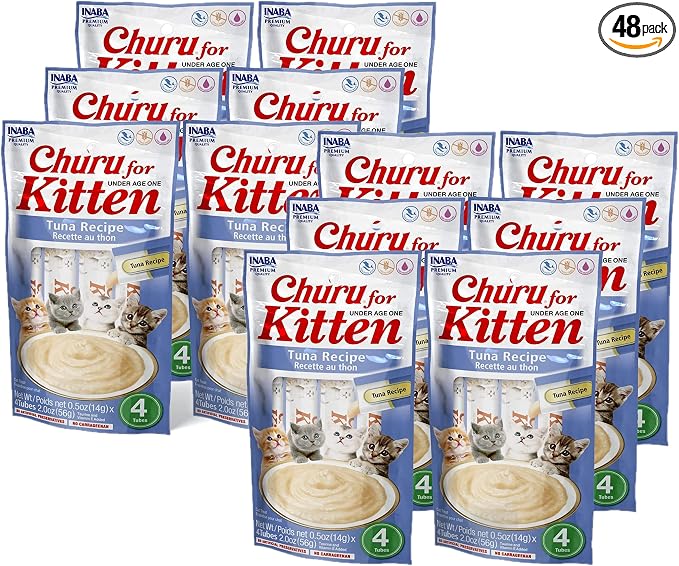 INABA Churu for Kittens, Grain-Free Creamy, Purée Lickable Cat Treats with DHA, EPA, Vitamin E & Taurine, 0.5 Ounces Each, 48 Tubes (4 per Pack), Tuna Recipe