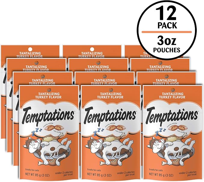 Temptations Cat Treats, Classic Crunchy and Soft Cat Treats, Tantalizing Turkey Flavor, 3 oz. Pouch (Pack of 12)