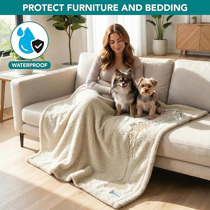 PetAmi Fluffy Waterproof Dog Blanket for Couch and Bed, Reversible Sherpa Pet Throw, Pee Proof Furniture Protector Sofa Cover, Washable Cat Blanket for Small Medium Dogs and Cats (Beige Cream, 24x32)