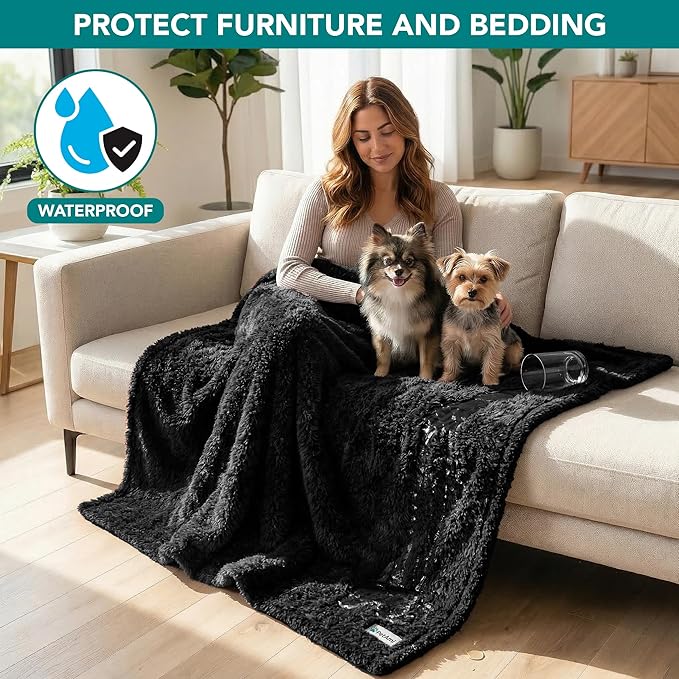 PetAmi Fluffy Waterproof Dog Blanket for Couch and Bed, Reversible Sherpa Pet Throw, Pee Proof Furniture Protector Sofa Cover, Washable Cat Blanket for Medium Large Dogs and Cats (Black, 40x60)