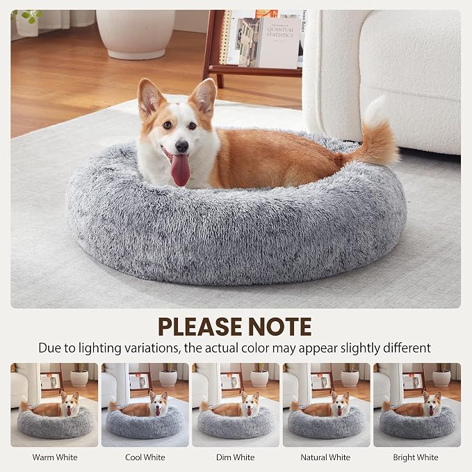 Donut Dog Bed Medium Size Dog, Round Cat Beds for Small Medium Dogs and Cats with Washable Fluffy Faux Fur, Cute Comfort Pet Bed with Anti-Slip Bottom, Grey, 24"