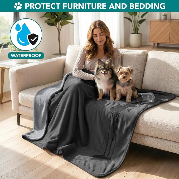 PetAmi Waterproof Dog Blanket for Couch, Pee Proof Reversible Cat Blanket for Sofa Bed Furniture Protector, Soft Fleece Washable Pet Throw for Dogs Cats Puppies Kittens, 40x60 Gray