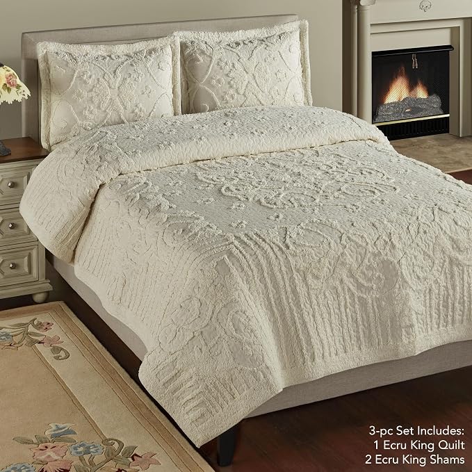 Lorenza Pure Cotton Chenille Bedding | Neutral Tone Ecru | Soft Tufted Scrollwork, Floral and Stripe Designs | Solid Color 3-Piece Quilted Bed Set includes Oversized King Quilt and 2 King Pillow Shams