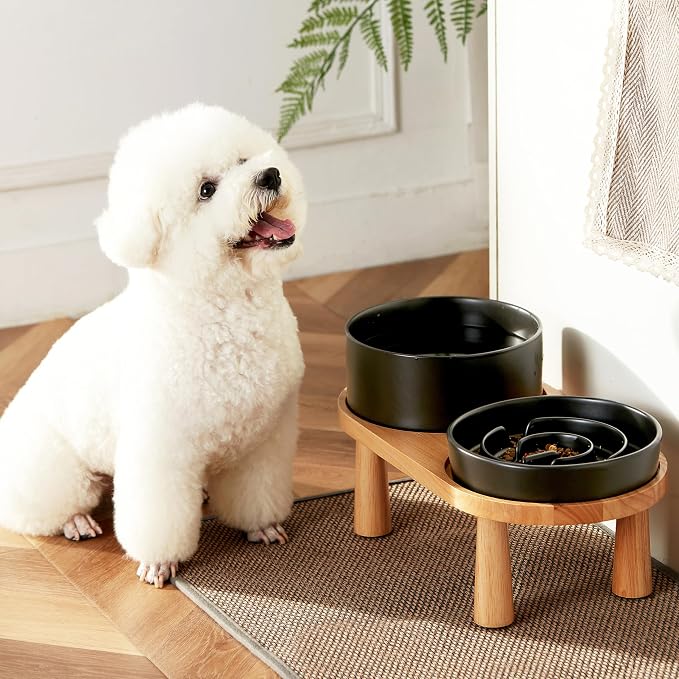 Ceramic Slow Feeder and Water Bowl Set for Medium and Large Dogs, 8.0 Inches Ceramic Dog Bowls Elevated with Wooden Stand, 2.0 Cups Dog Slow Feeder(30oz) and 70oz Water Bowl Set, Black