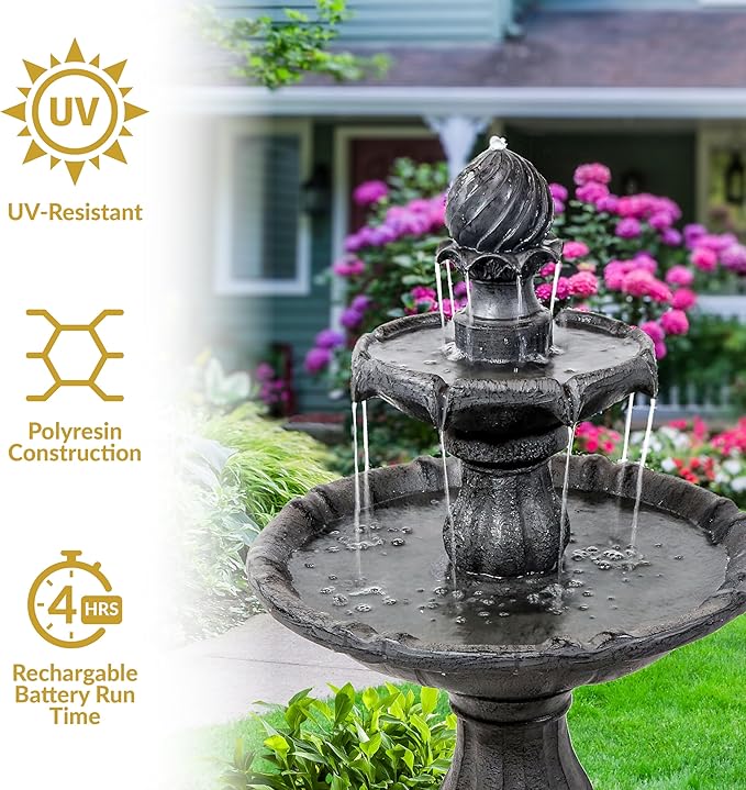 Sunnydaze 35" Solar 2-Tier Outdoor Water Fountain - Garden Water Feature with Battery Backup and Pump - Black