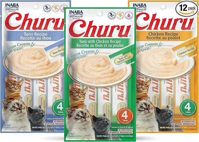 INABA Churu Lickable Purée Natural Cat Treats Tuna & Chicken 3 Flavor Assortment of 12 Tubes