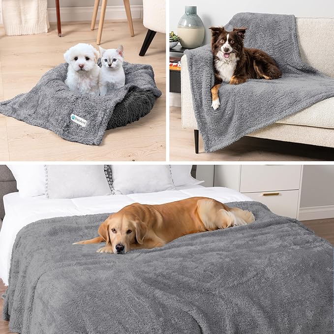PetAmi Fluffy Waterproof Dog Blanket for Couch and Bed, Reversible Sherpa Pet Throw, Pee Proof Furniture Protector Sofa Cover, Washable Cat Blanket for Small Medium Dogs and Cats (Light Grey, 29x40)