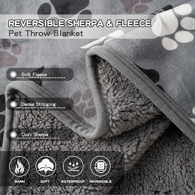 Waterproof Dog Blankets Pet Blanket 50"x60", Soft Fluffy Sofa Car Bed Protector, Reversible Sherpa Fleece Dog Blanket for Large Dogs(Dark Grey-Paws)