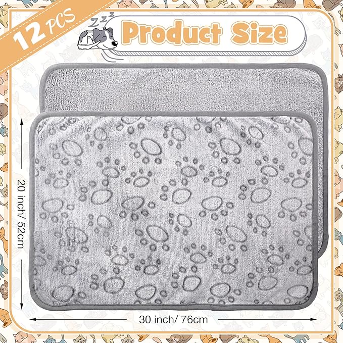 Tegeme 12 Pcs Pet Blankets 30 x 20 Inch Soft Fluffy Fleece Dog Cat Warm Paw Print Pattern Blankets Flannel Throw for Pets Dog Puppy Cat(Gray)