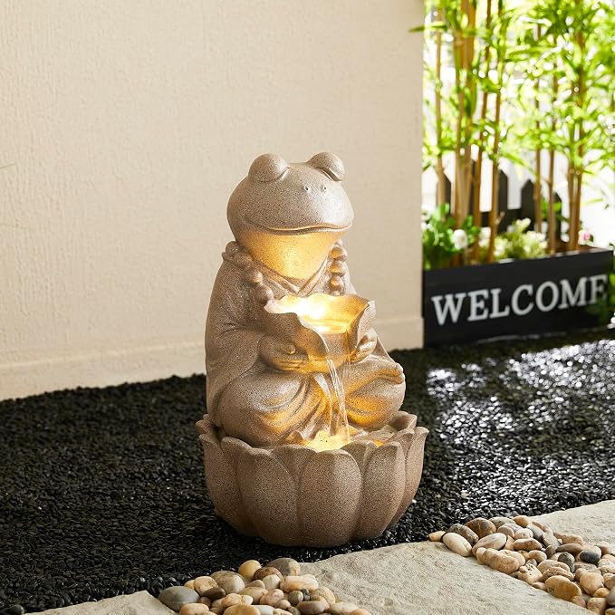 Glitzhome Outdoor Fountains and Waterfalls Zen-Style Frog Water Fountains with LED & Pump, Patio Water Fountain Yard Fountain 2 Tier Floor Waterfall for Backyard Lawn Garden Porch 22" H, Sand Beige