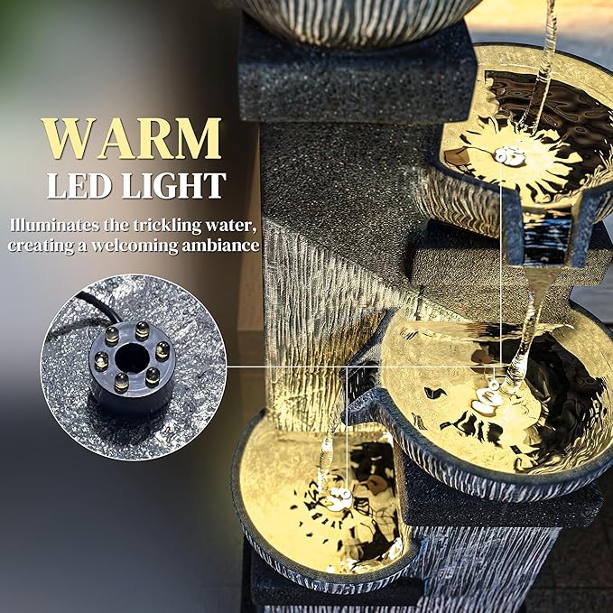 Outsunny 33.5" Tall Outdoor Water Fountain, 4-Tier Floor Standing Resin Cascading Bowls Waterfall Fountain with LED Lights, Pump for Garden, Patio, Backyard
