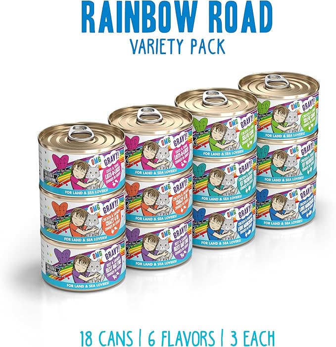 Weruva B.F.F. OMG - Best Feline Friend Oh My Gravy!, Variety Pack, Rainbow Road, Wet Cat Food By, 2.8oz Can (Pack of 12)