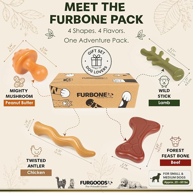 FURBONE 4-Pack Dog Chew Toys for Aggressive Chewers, Nylon Bones for Small & Medium Dogs, Flavor Infused Chews, Dog Enrichment Toys with 4 Shapes & Flavors, Forest Theme