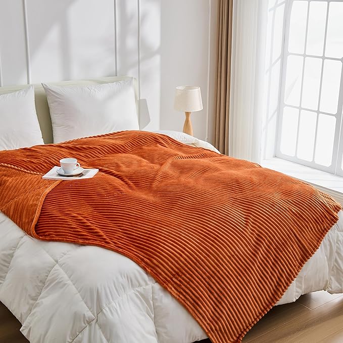 Bnuitland Burnt Orange Fleece Throw Blanket for Couch, 300GSM Soft Warm Cozy Fluffy Throw for Adults & Kids, Stripe Pattern 50"x70", All Season Sofa Bed Blanket for Home Decor
